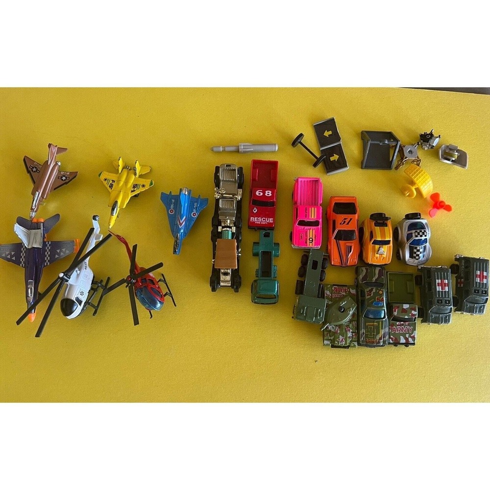 Vintage Diecast Toy Vehicle Lot Military Jets Tanks Rescue Fire Trucks Cars